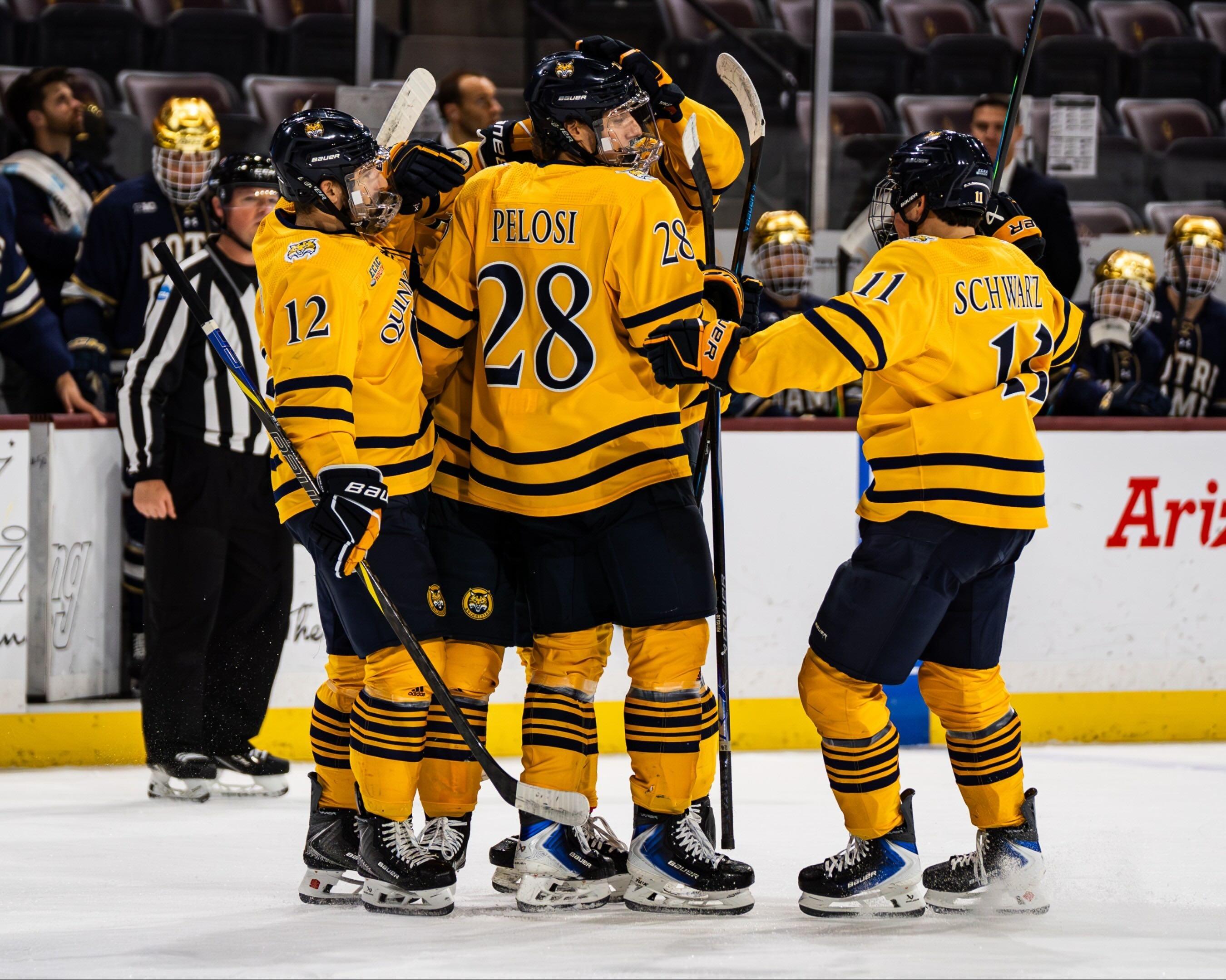 Quinnipiac hockey celebrates a goal against Notre Dame